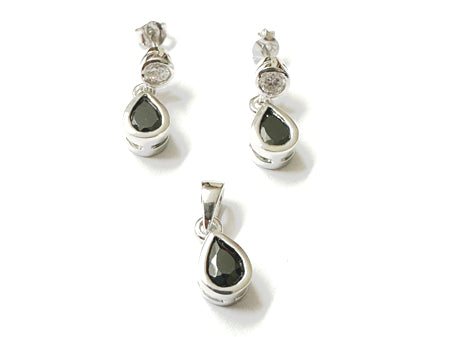 Silver Black Cubic Zirconia Pendant And Earring Set
