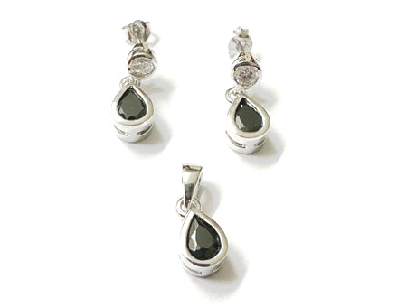 Silver Black Cubic Zirconia Pendant And Earring Set