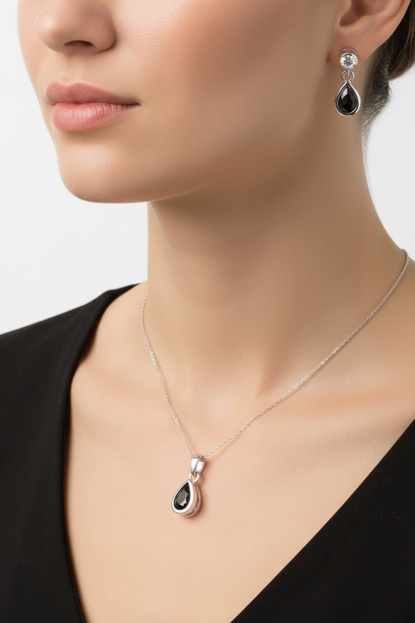 Silver Black Cubic Zirconia Pendant And Earring Set
