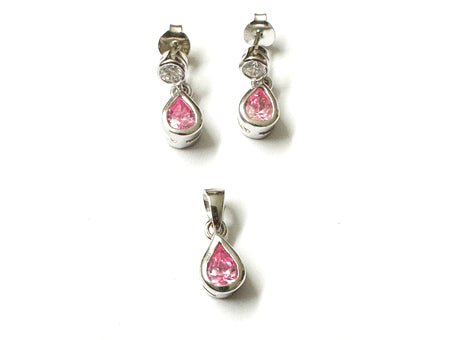Silver Pink Cubic Zirconia Pendant And Earring Set