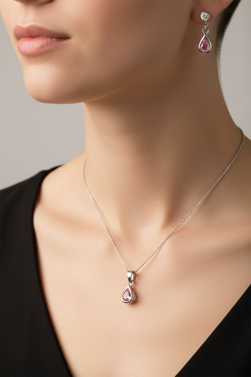 Silver Pink Cubic Zirconia Pendant And Earring Set