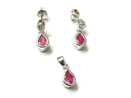 Silver Ruby Cubic Zirconia Pendant And Earring Set