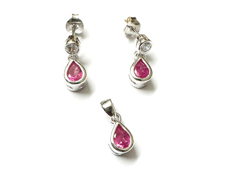 Silver Ruby Cubic Zirconia Pendant And Earring Set