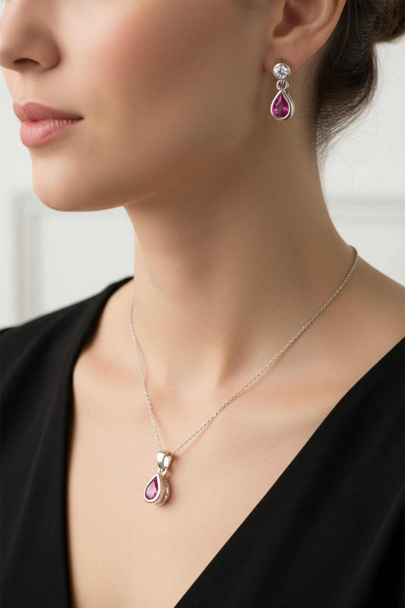 Silver Ruby Cubic Zirconia Pendant And Earring Set