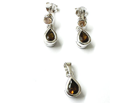 Silver Smokey Quartz and Champagne Cubic Zirconia Pendant And Earring Set