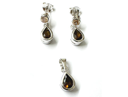 Silver Smokey Quartz and Champagne Cubic Zirconia Pendant And Earring Set