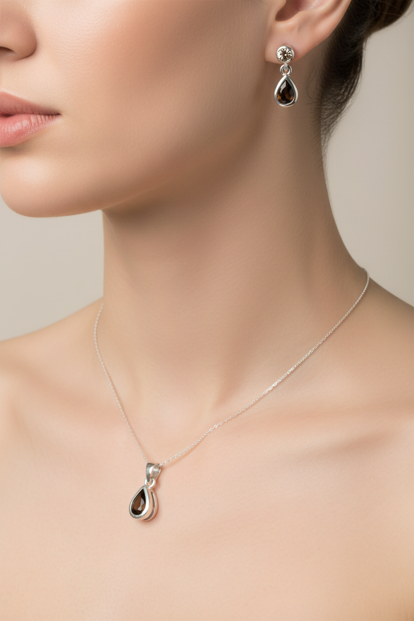 Silver Smokey Quartz and Champagne Cubic Zirconia Pendant And Earring Set