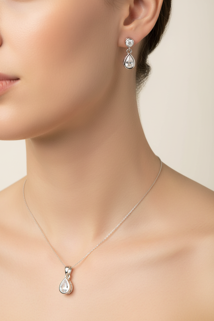 Silver White Cubic Zirconia Pendant And Earring Set