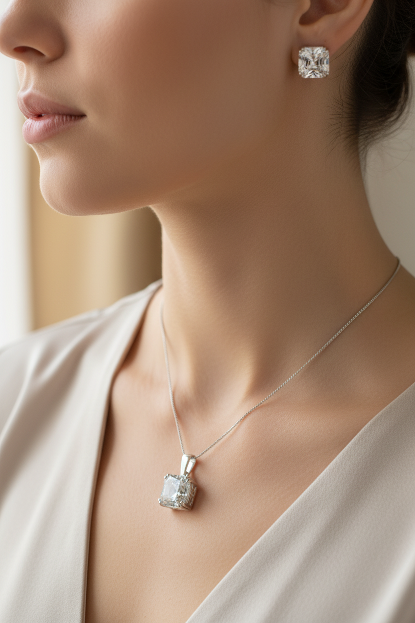 Silver White Cubic Zirconia Pendant And Earring Set