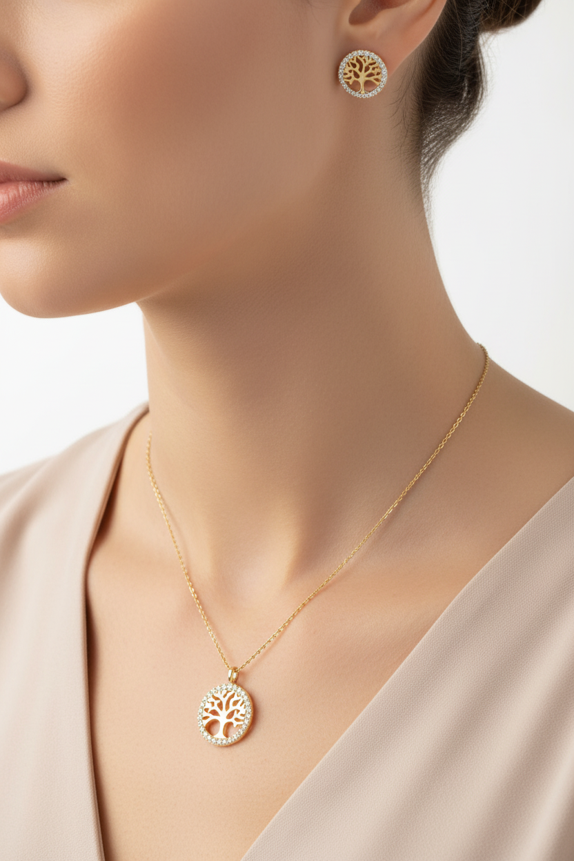 A Yellow Gold Plated Silver White CZ Stone Tree Of Life Necklace And Earring Set