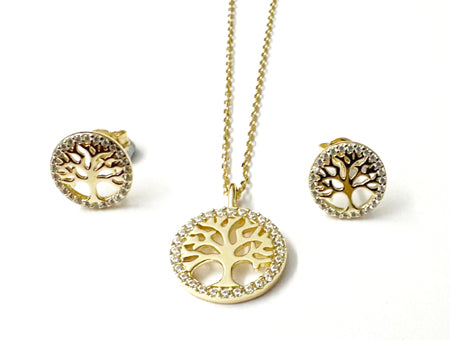 Yellow Plated Silver White Cubic Zirconia Tree Of Life Earring.