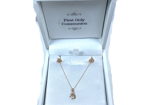 A Kids Angel Yellow Gold Plated Silver Necklace And Earring Set Boxed.