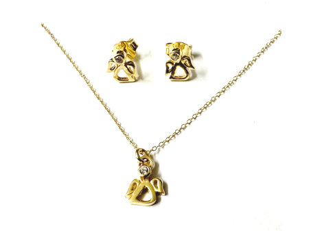 A Kids Angel Yellow Gold Plated Silver Necklace And Earring Set Boxed.
