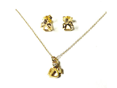 A Kids Angel Yellow Gold Plated Silver Necklace And Earring Set Boxed.