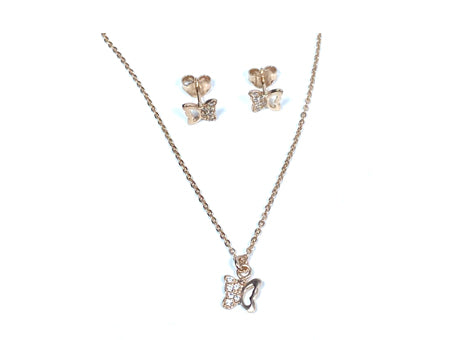 A Kids Butterfly Silver Rose Plated Necklace And Earring Set Boxed.