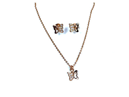 A Kids Butterfly Silver Rose Plated Necklace And Earring Set Boxed.