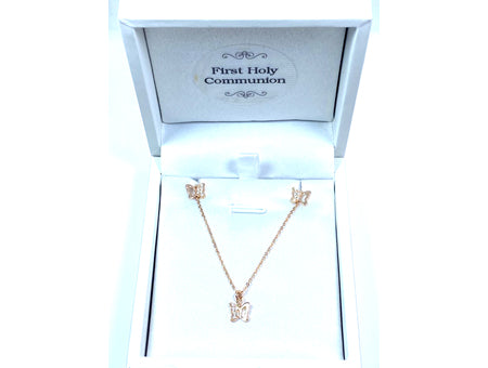 A Kids Butterfly Silver Rose Plated Necklace And Earring Set Boxed.