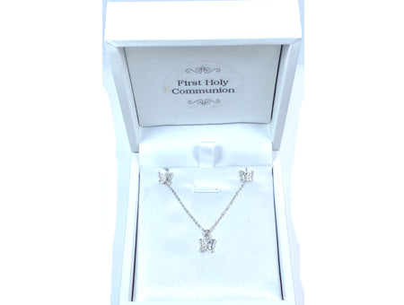 A Kids Butterfly Silver Necklace And Earring Set Boxed.