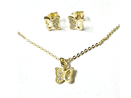 A Kids Yellow Gold Plated Silver Butterfly Necklace And Earrings Set.