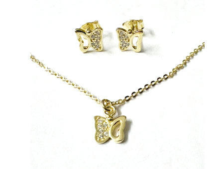 A Kids Butterfly Silver Gold Plated Necklace And Earring Set Boxed.