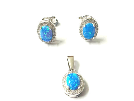 Blue Opal And Cz Pendant And Earring set