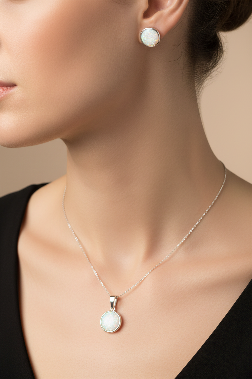 Opal Silver Pendant And Earring Set