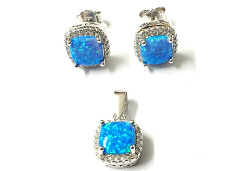 Blue Opal And Cz Pendant And Earring set