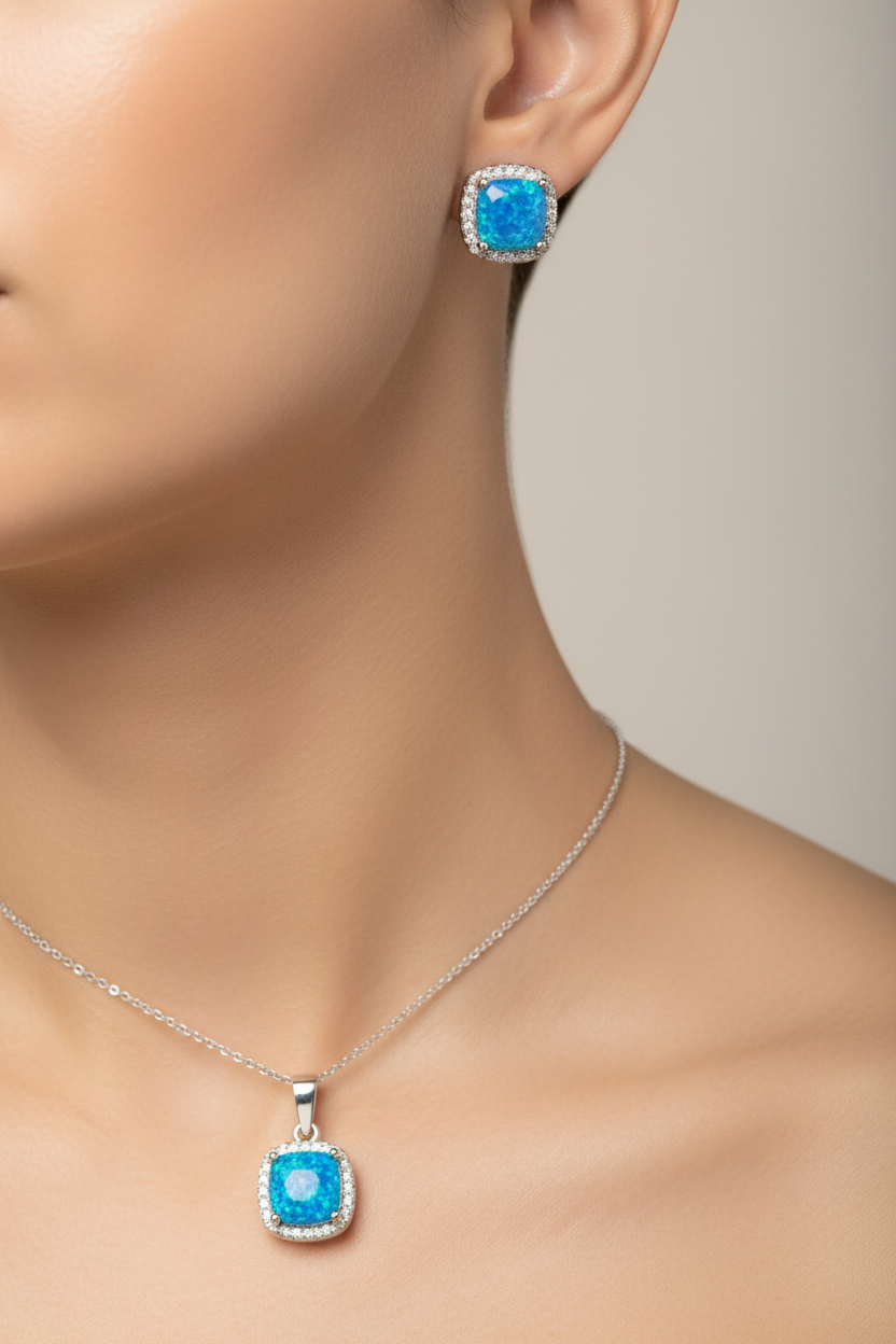 Blue Opal And Cz Pendant And Earring set
