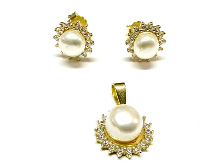 Gold Plated Silver With White Cz stone set Pearl Pendant & Earring Set