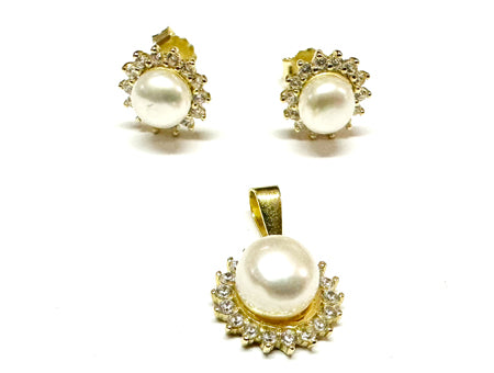 Gold Plated Silver With White Cz stone set Pearl Pendant & Earring Set