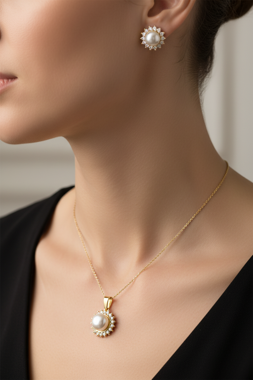 Gold Plated Silver With White Cz stone set Pearl Pendant & Earring Set