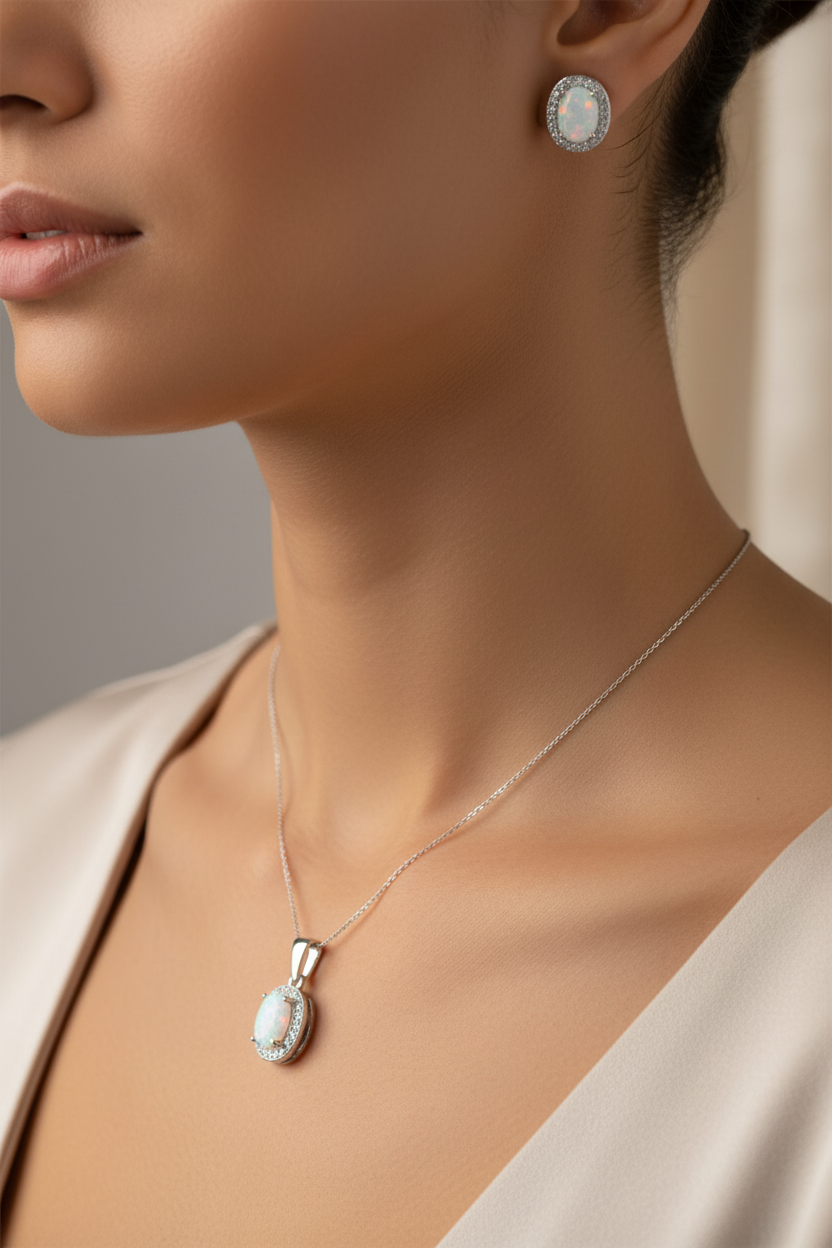 Opal And Cz Pendant And Earring set