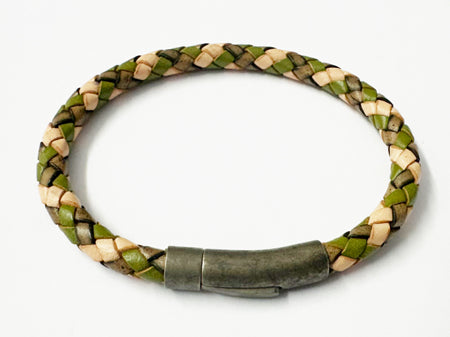 Green and Cream Leather Stainless Steel Bracelet