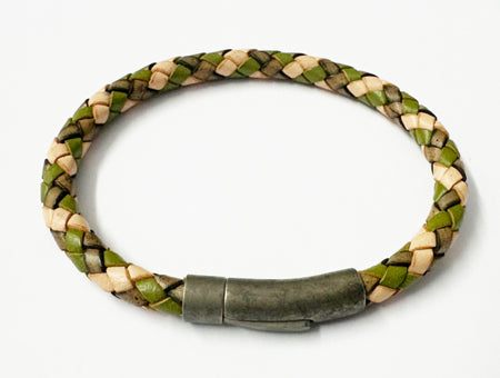 Green and Cream Leather Stainless Steel Bracelet