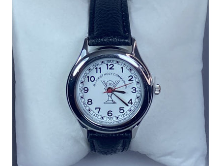 Holy Communion Silver Faced Black Leather Strap Watch Boxed.