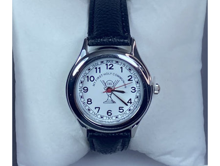 Holy Communion Silver Faced Black Leather Strap Watch Boxed.