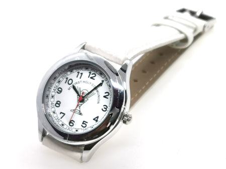 Holy Communion Silver Faced White Leather Strap Watch Boxed.