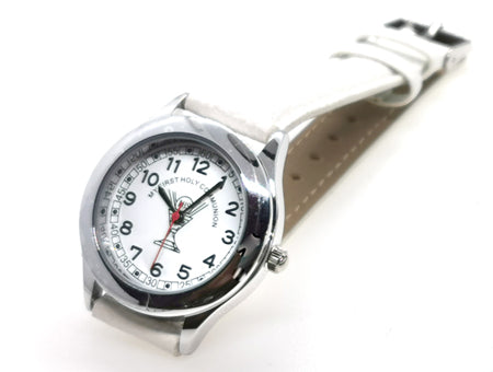 Holy Communion Silver Faced White Leather Strap Watch Boxed.