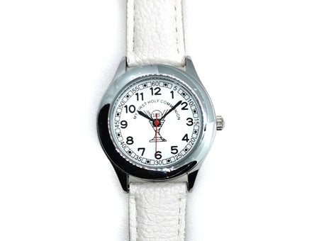 Holy Communion Silver Faced White Leather Strap Watch Boxed.