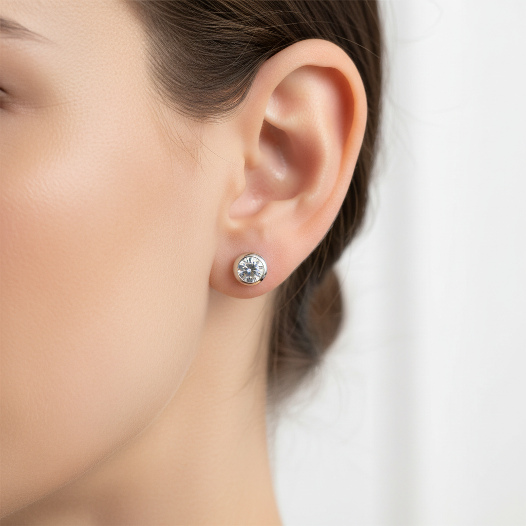 White Cz Silver 5mm Round Rubover Set Earring Boxed.