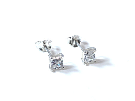 White Cz Stone Silver 4mm Square Claw Set Earring Boxed.