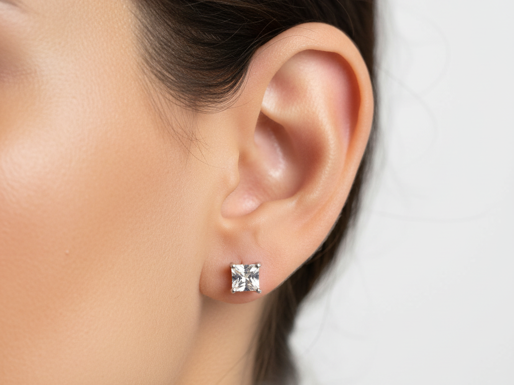 White Cz Stone Silver 4mm Square Claw Set Earring Boxed.