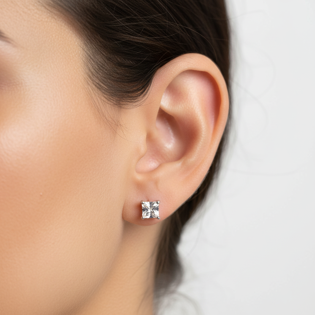 White Cz Stone Silver 4mm Square Claw Set Earring Boxed.