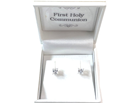 White Cz Stone Silver 4mm Square Claw Set Earring Boxed.
