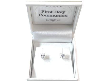 White Cz Stone Silver 4mm Square Claw Set Earring Boxed.
