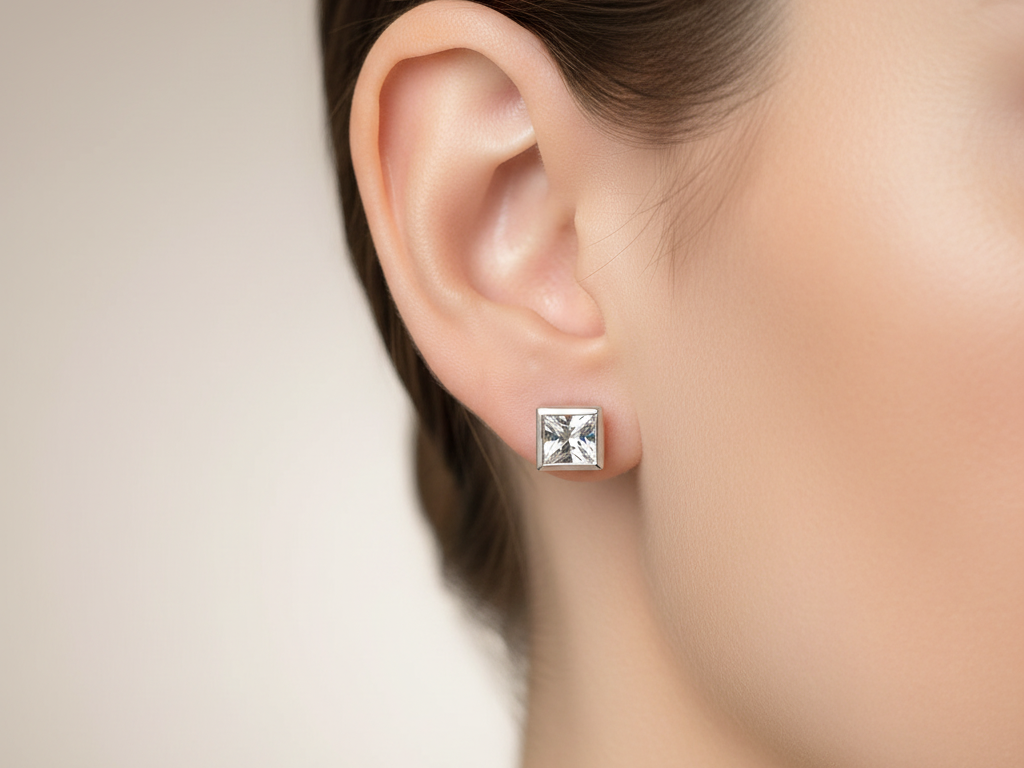 White Cz Stone Silver 7X7 mm Square Rubover Set Earring