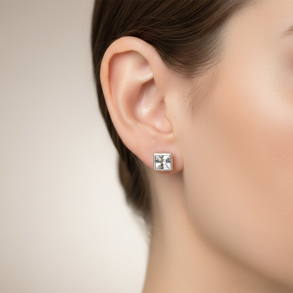 White Cz Stone Silver 7X7 mm Square Rubover Set Earring