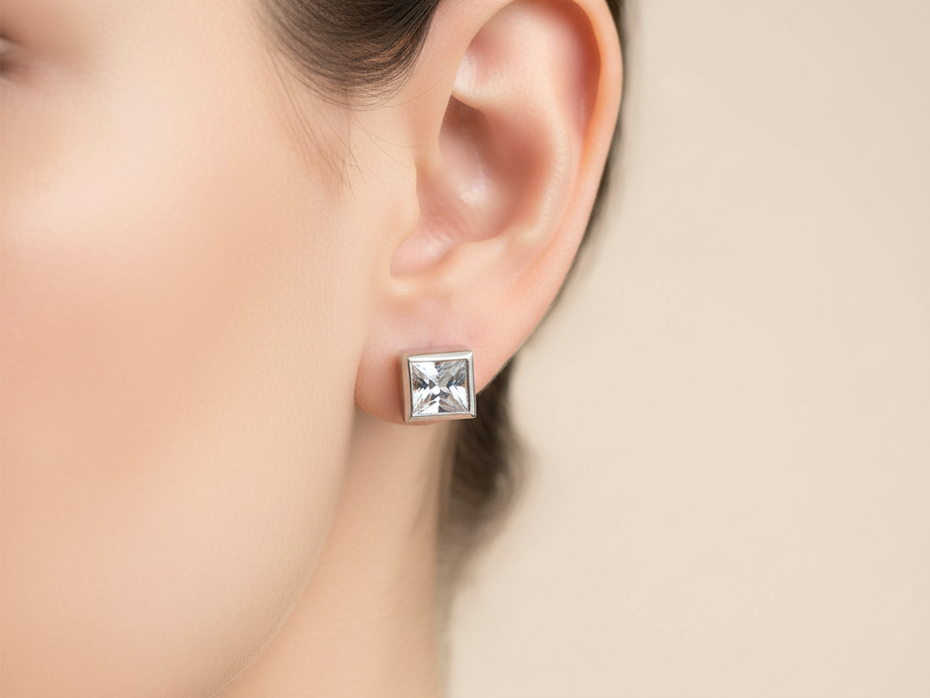 White Cz Stone Silver 4mm Square Rubover Set Earring
