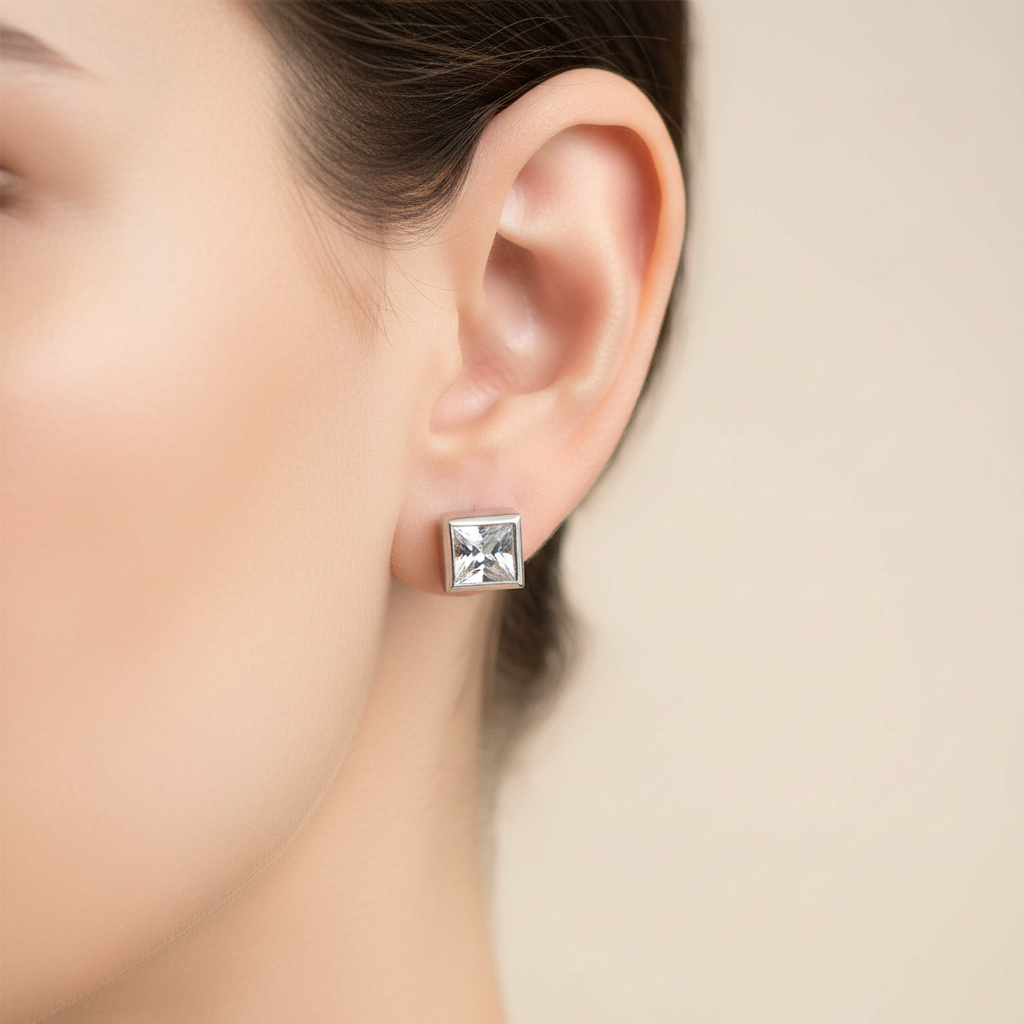 White Cz Stone Silver 4mm Square Rubover Set Earring
