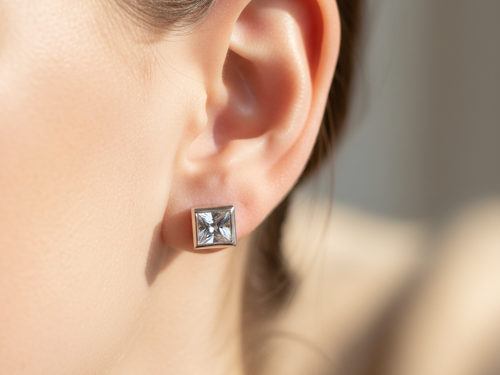 White Cz Stone Silver 5X5 mm Square Rubover Set Earring